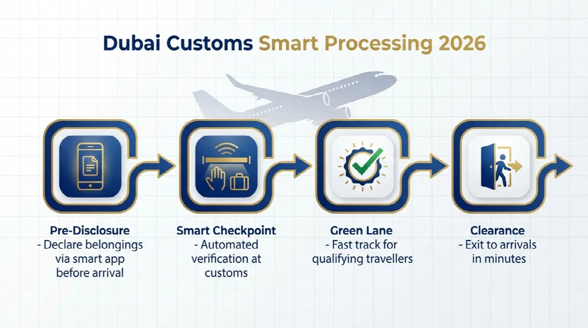 Flowchart showing Dubai Customs smart processing steps from pre-disclosure to green lane clearance