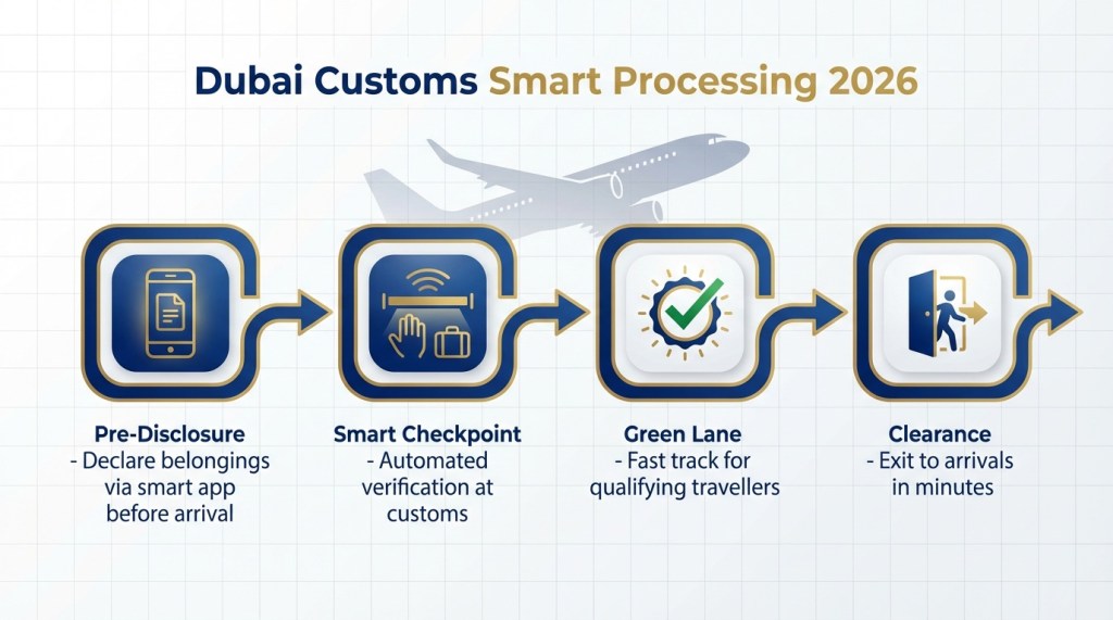 Flowchart showing Dubai Customs smart processing steps from pre-disclosure to green lane clearance