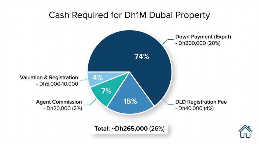 Pie chart showing breakdown of cash costs for buying a Dh1 million Dubai property including down payment, DLD fees, and agent commission