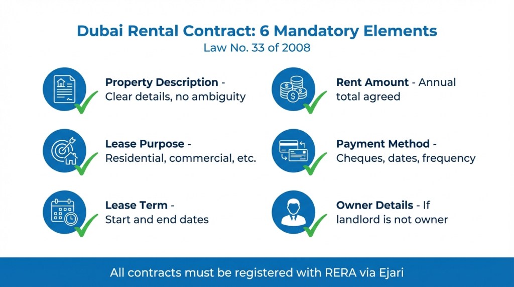 Checklist showing six mandatory elements required in Dubai rental contracts under Law No. 33 of 2008