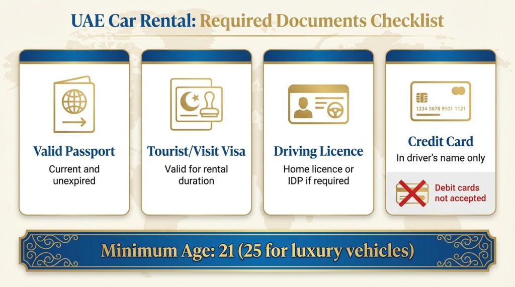 Visual checklist showing four documents required to rent a car in the UAE as a tourist