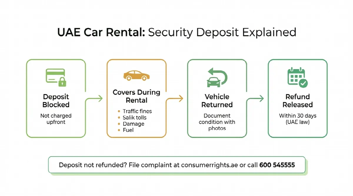 Infographic explaining UAE car rental security deposit process including blocking, coverage, and 30-day refund timeline