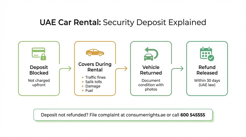 Infographic explaining UAE car rental security deposit process including blocking, coverage, and 30-day refund timeline
