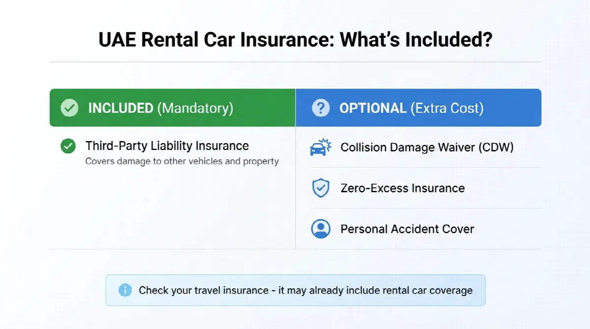 Comparison table showing mandatory versus optional insurance coverage for UAE rental cars
