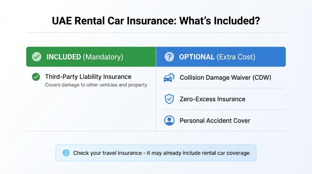 Comparison table showing mandatory versus optional insurance coverage for UAE rental cars