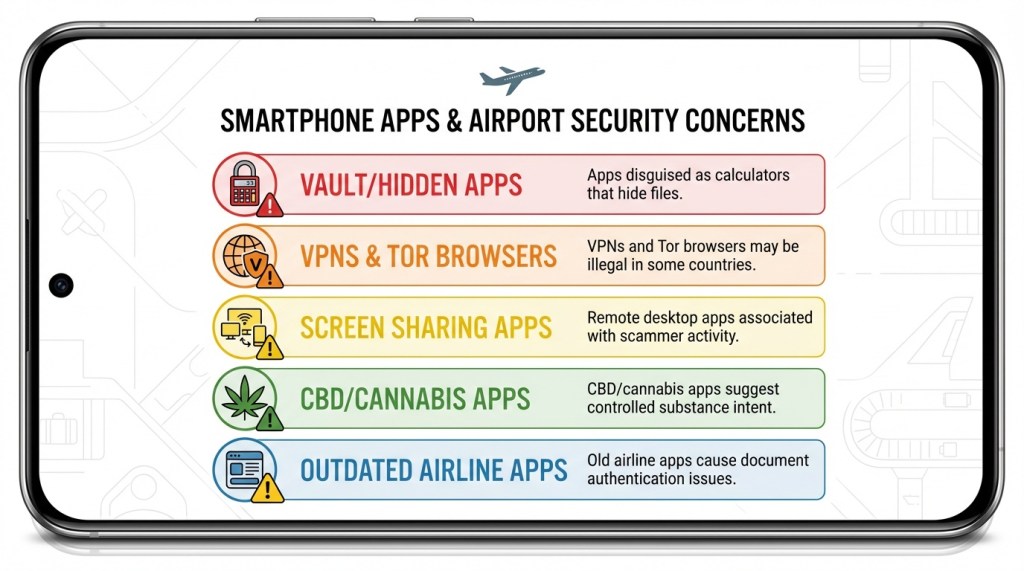 Infographic showing five types of smartphone apps that raise airport security concerns
