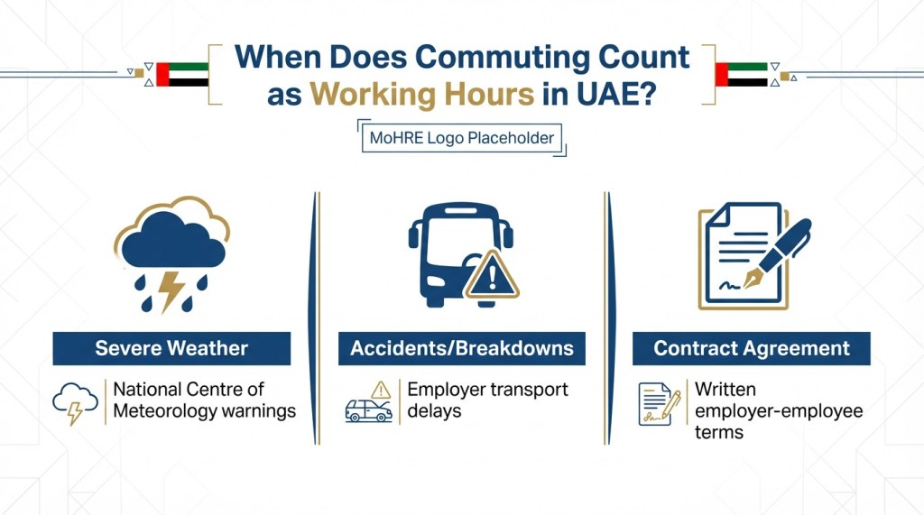 Infographic showing three exceptions when commuting counts as working hours in UAE: severe weather, transport breakdowns, and contract agreements