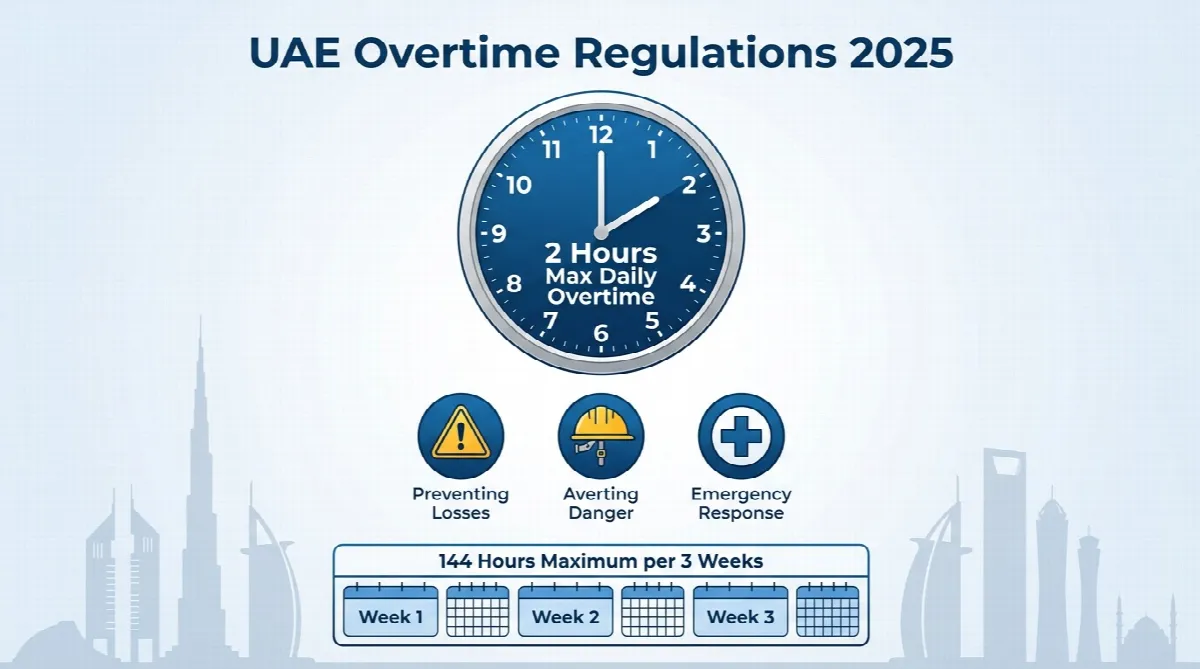 Visual guide to UAE overtime rules showing 2-hour daily maximum and 144-hour three-week limit with exception categories