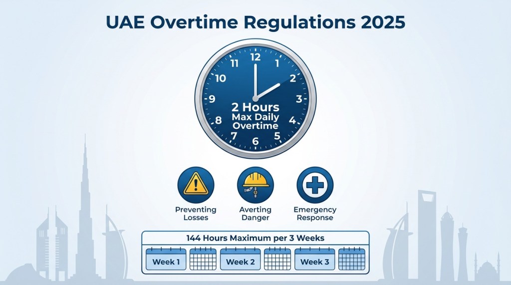 Visual guide to UAE overtime rules showing 2-hour daily maximum and 144-hour three-week limit with exception categories