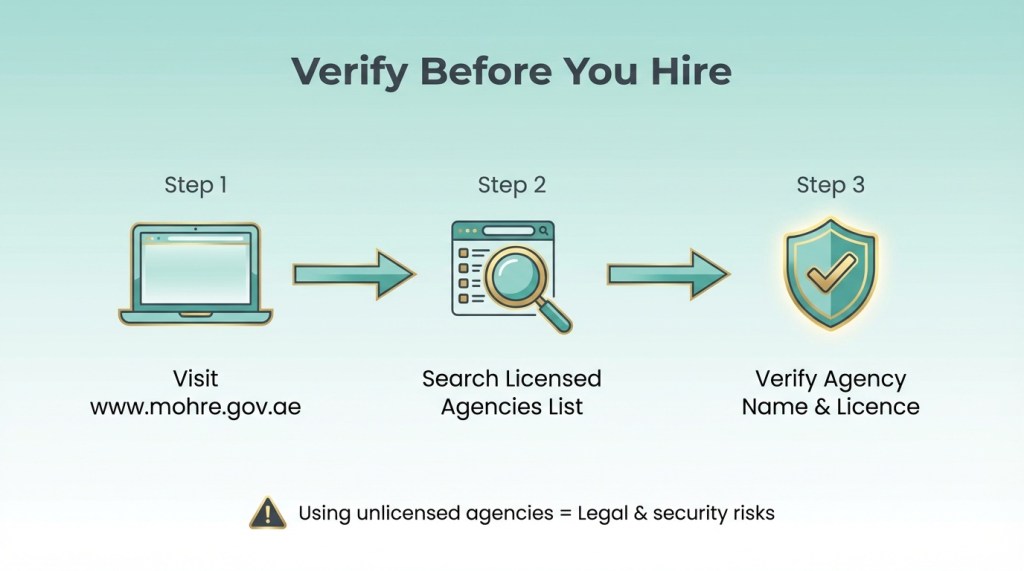 Three-step flowchart showing how to verify domestic worker agency licensing through the MoHRE website