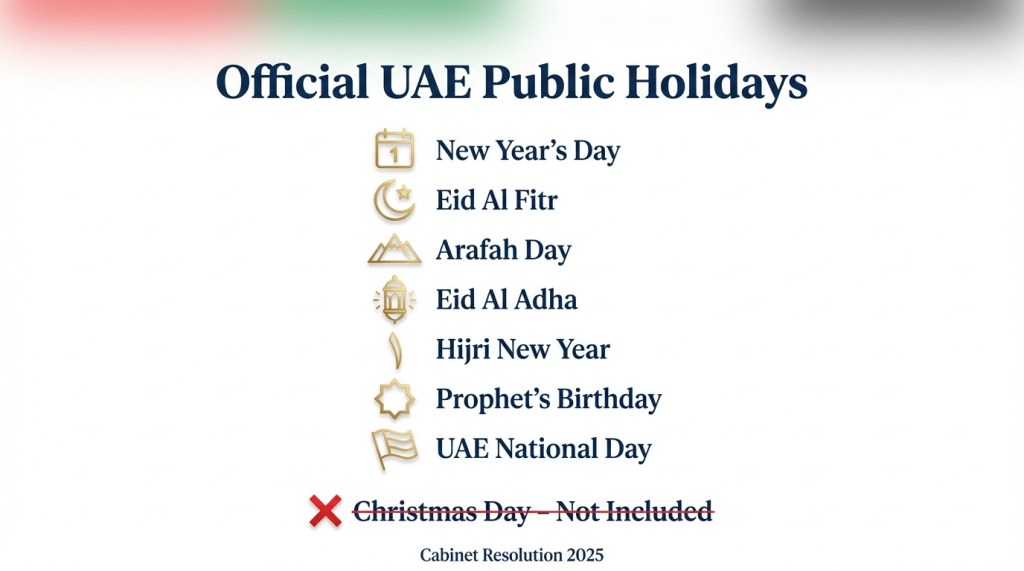 Official list of UAE public holidays showing Christmas is not included among the seven recognised holidays