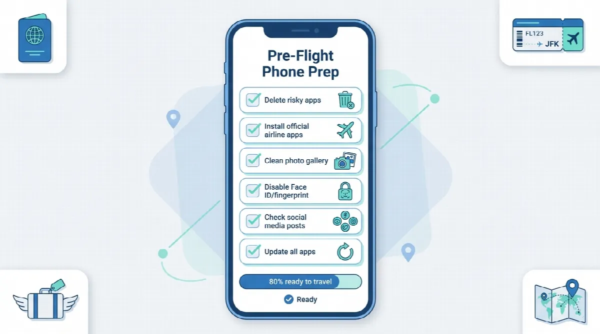 Digital hygiene checklist for travellers showing phone preparation steps before flying