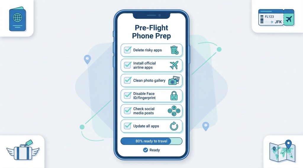 Digital hygiene checklist for travellers showing phone preparation steps before flying