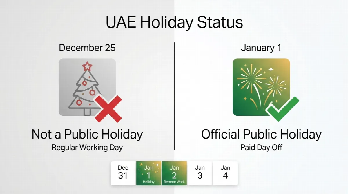 Comparison showing Christmas is not a UAE public holiday while New Year's Day is officially recognised
