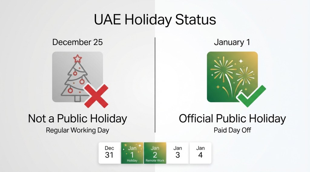Comparison showing Christmas is not a UAE public holiday while New Year's Day is officially recognised