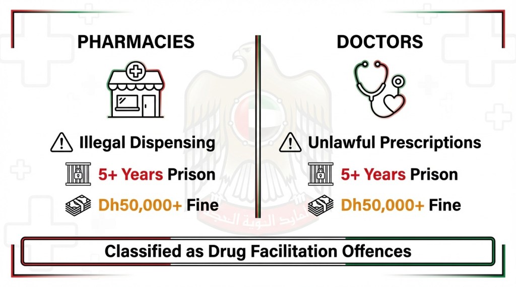 UAE 2025 narcotics law penalties infographic showing 5-year prison sentences and Dh50,000 fines for pharmacies and doctors