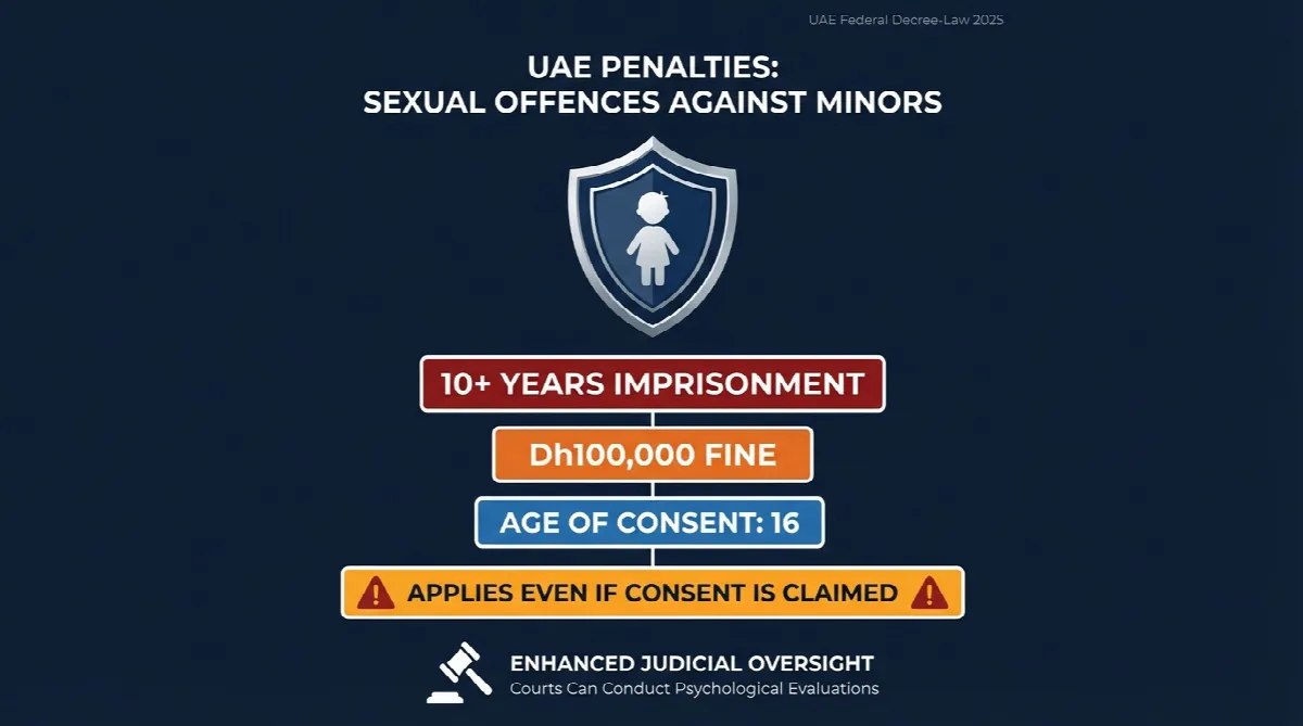 UAE 2025 penalties for sexual offences against minors showing 10-year prison sentence and Dh100,000 fine
