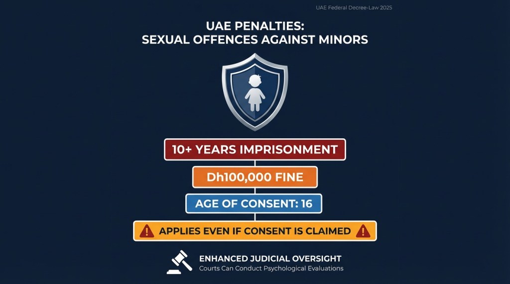 UAE 2025 penalties for sexual offences against minors showing 10-year prison sentence and Dh100,000 fine