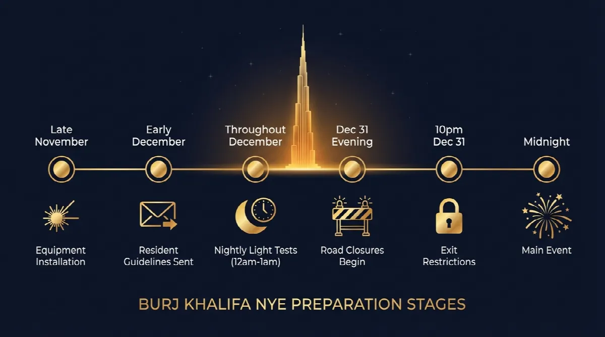 Timeline infographic showing Burj Khalifa New Year's Eve preparation stages from November to December 31