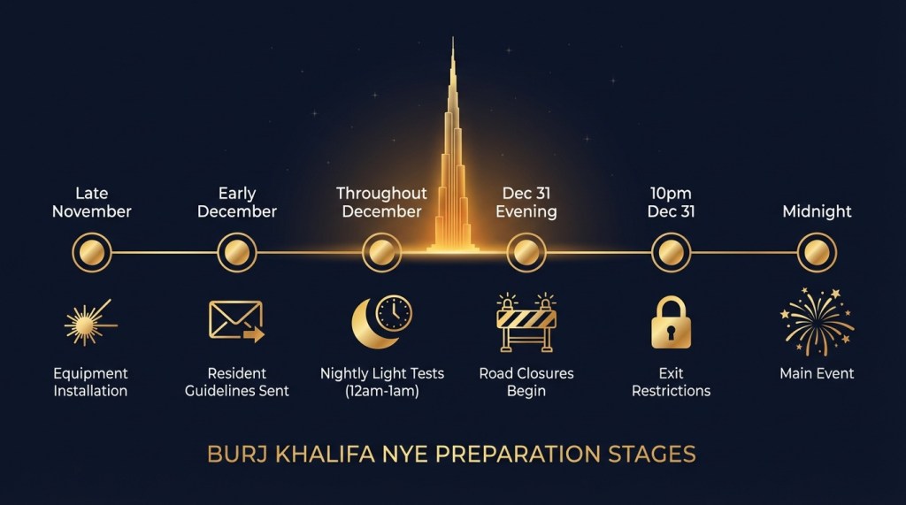 Timeline infographic showing Burj Khalifa New Year's Eve preparation stages from November to December 31