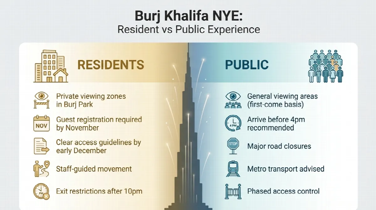 Comparison of Burj Khalifa NYE experience for residents versus public visitors