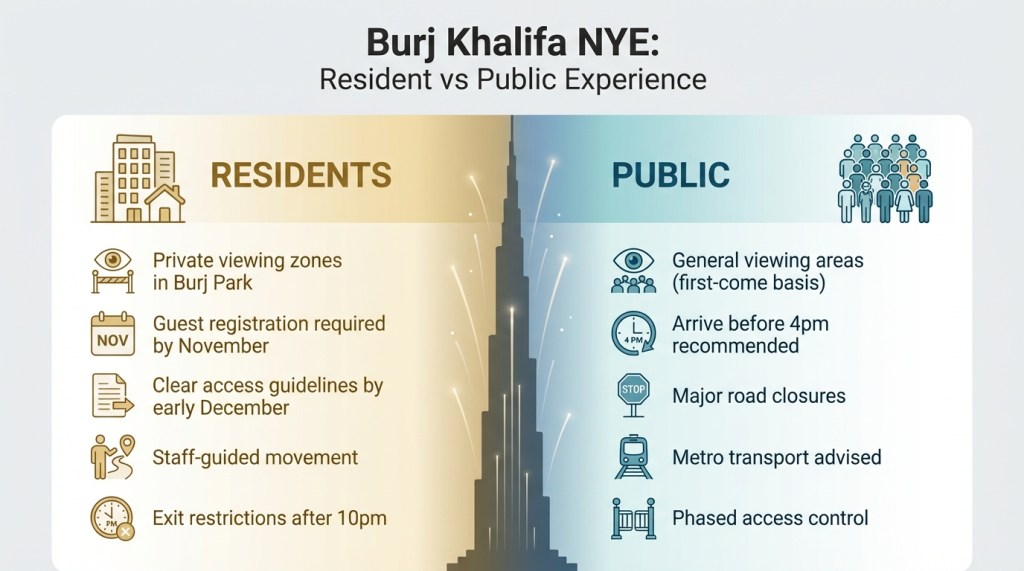 Comparison of Burj Khalifa NYE experience for residents versus public visitors