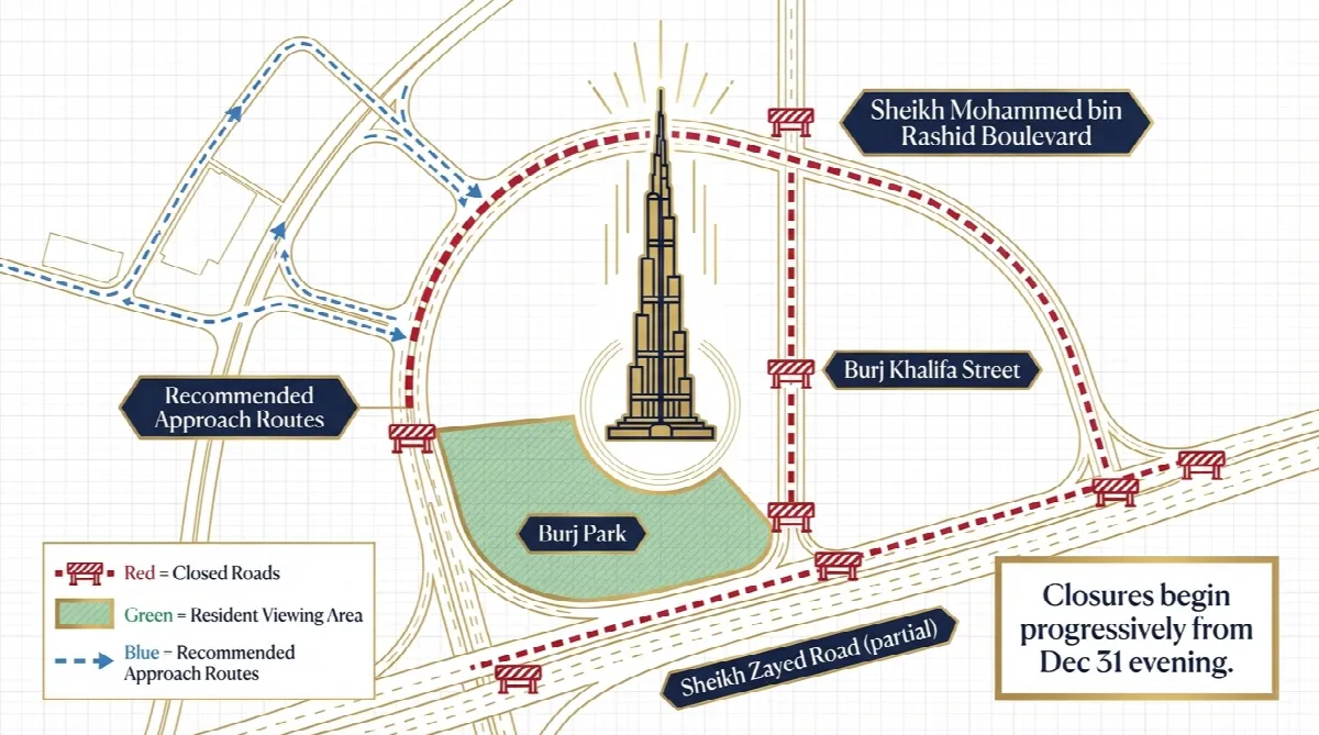 Simplified map showing Downtown Dubai road closures around Burj Khalifa on New Year's Eve