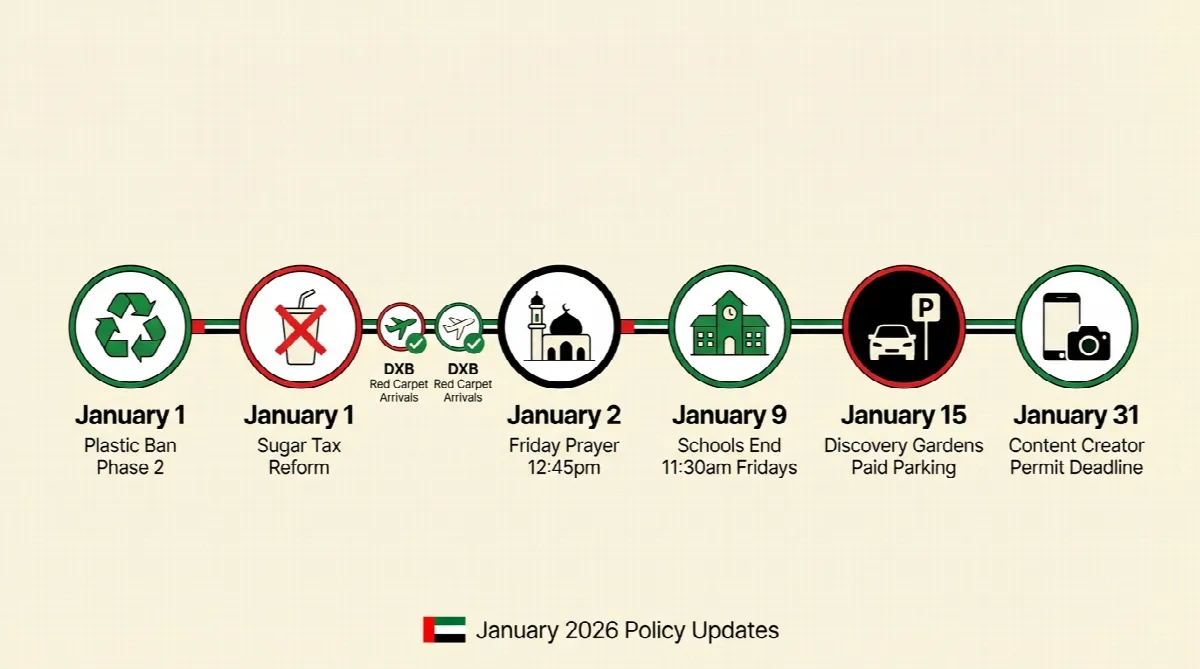 UAE January 2026 new rules timeline infographic showing 8 policy changes