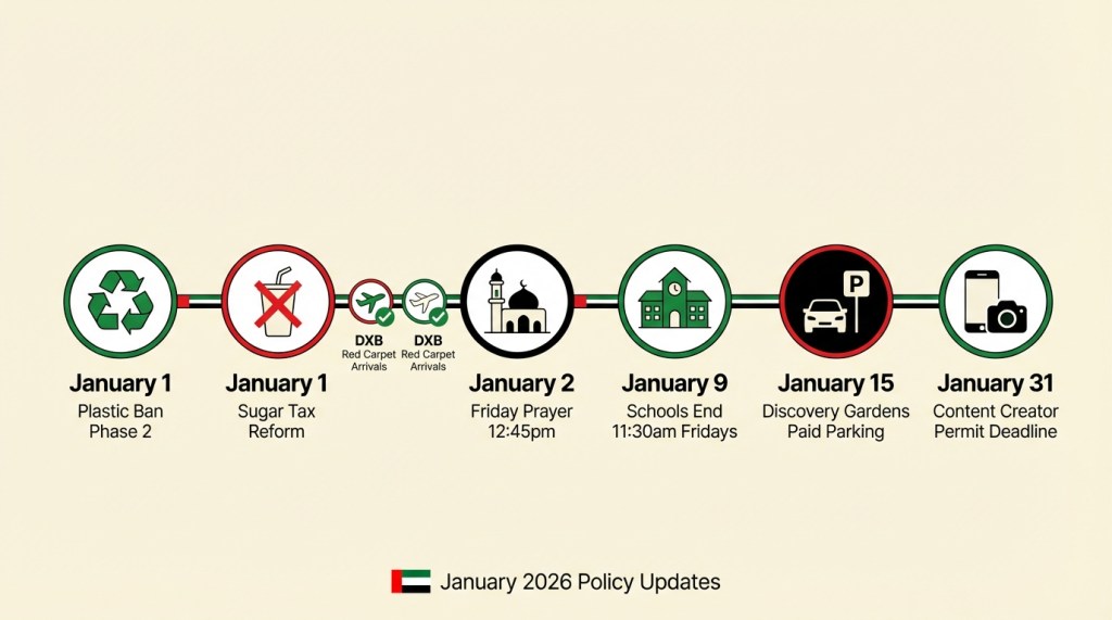 UAE January 2026 new rules timeline infographic showing 8 policy changes