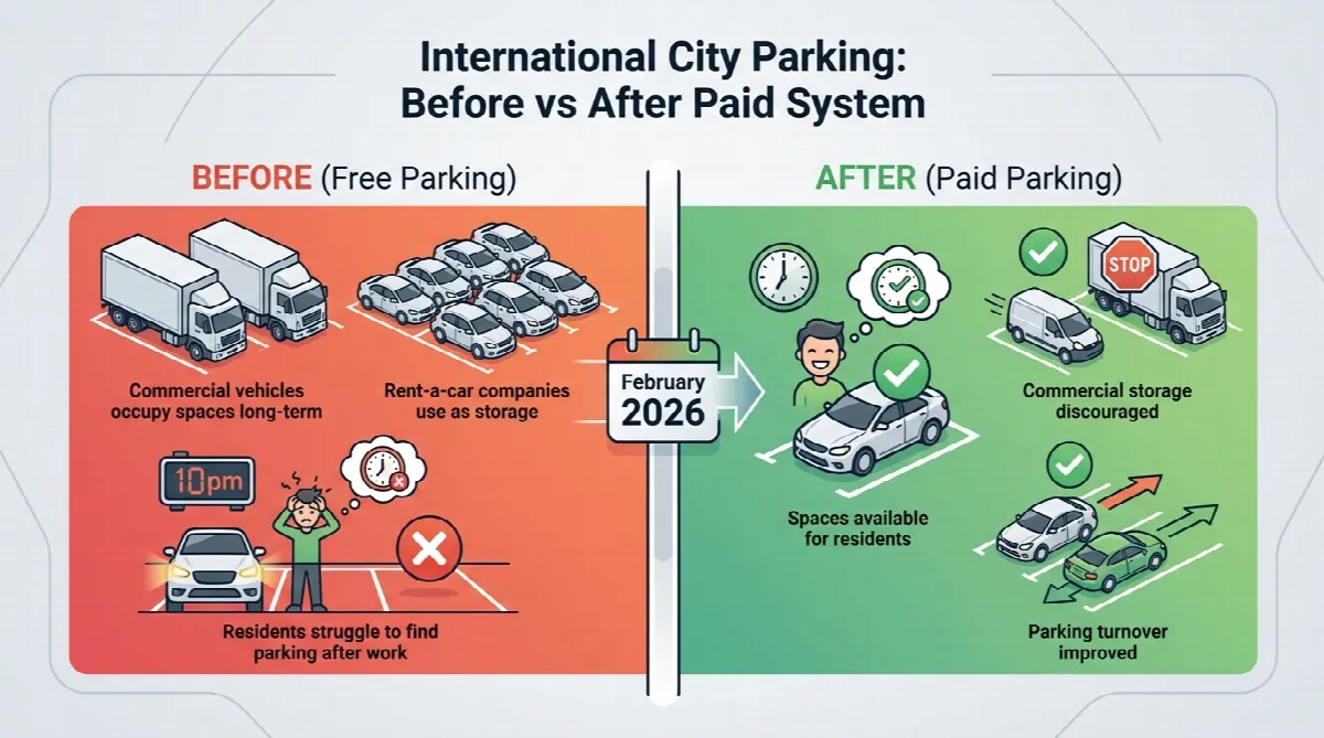 Before and after comparison of International City parking showing expected improvements from paid system
