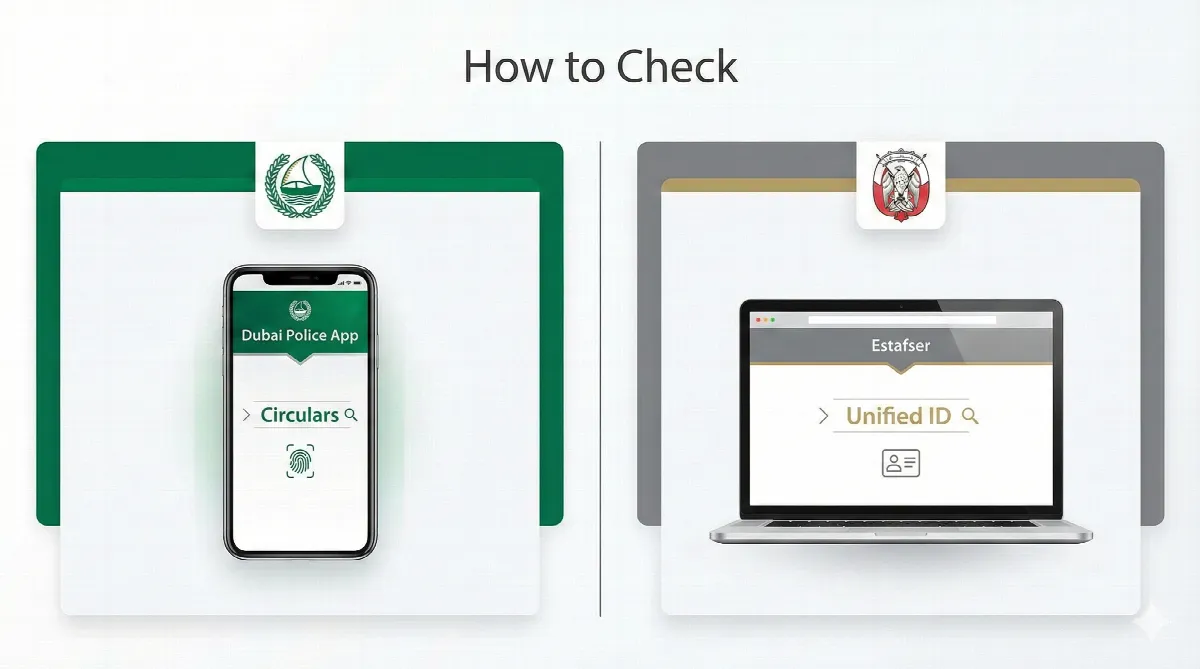 Infographic showing the step-by-step process to check travel bans on the Dubai Police app and Abu Dhabi Estafser portal.