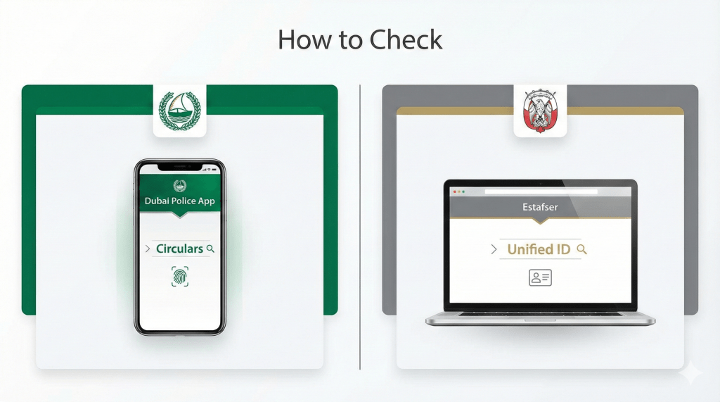 Infographic showing the step-by-step process to check travel bans on the Dubai Police app and Abu Dhabi Estafser portal.