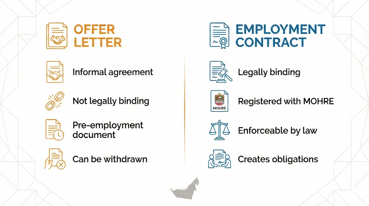 Comparison infographic showing differences between UAE offer letter and employment contract