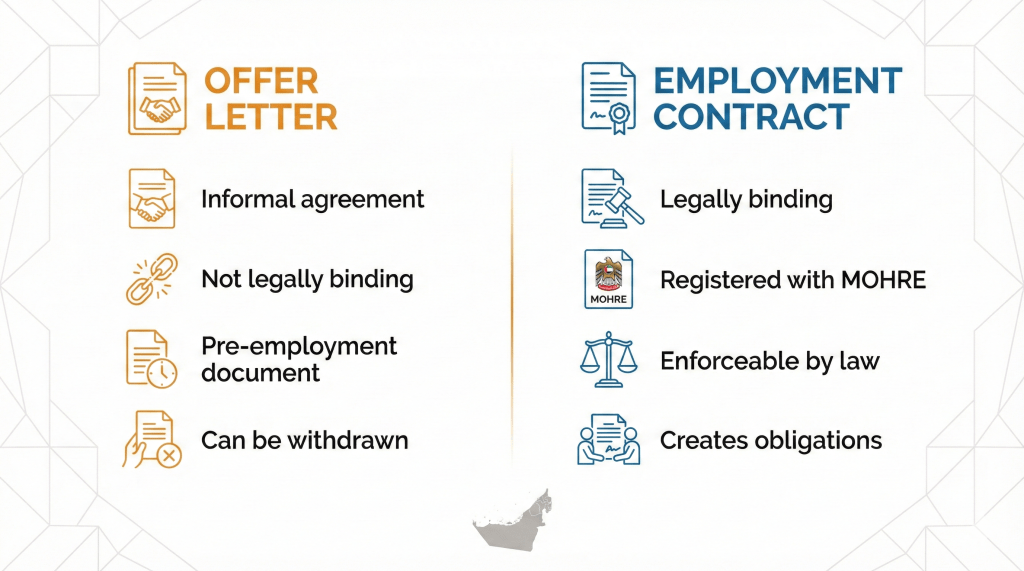 Comparison infographic showing differences between UAE offer letter and employment contract