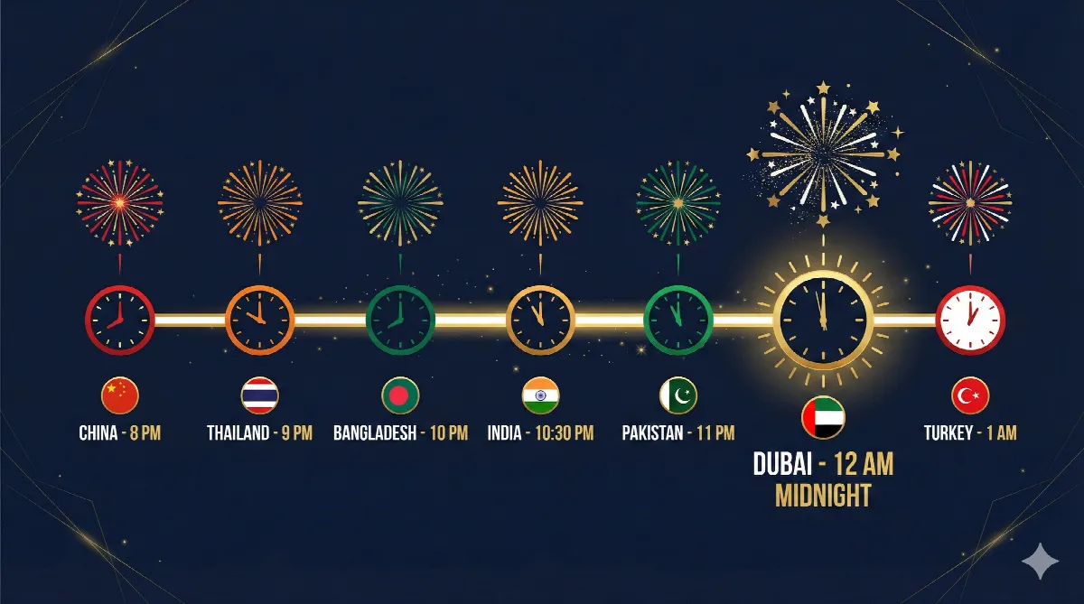 Global Village NYE 2026 countdown schedule infographic showing seven New Year celebrations from 8 PM to 1 AM across different countries
