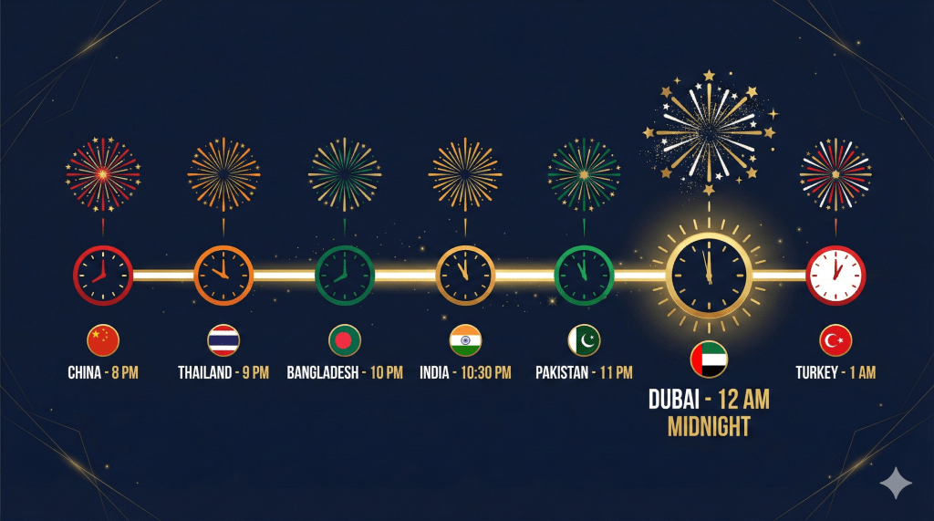 Global Village NYE 2026 countdown schedule infographic showing seven New Year celebrations from 8 PM to 1 AM across different countries