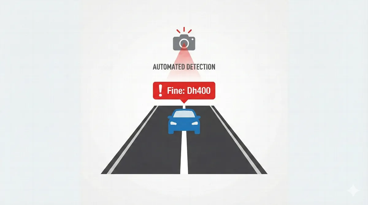 Diagram illustrating the new "No Passing" solid line rule on Dubai roads and the associated Dh400 fine.