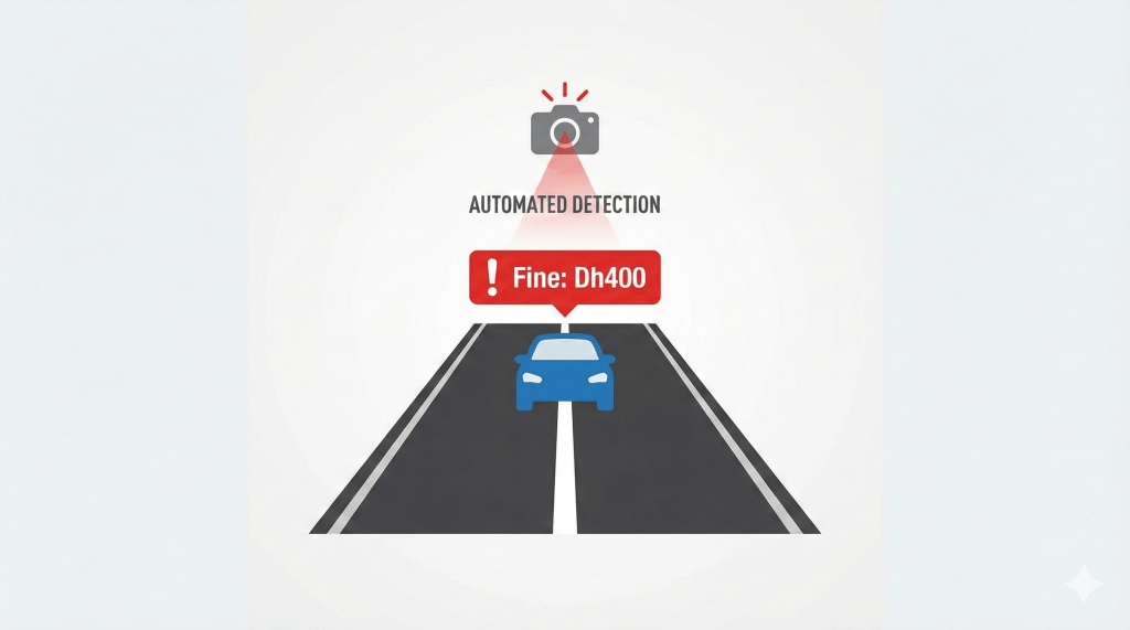 Diagram illustrating the new "No Passing" solid line rule on Dubai roads and the associated Dh400 fine.