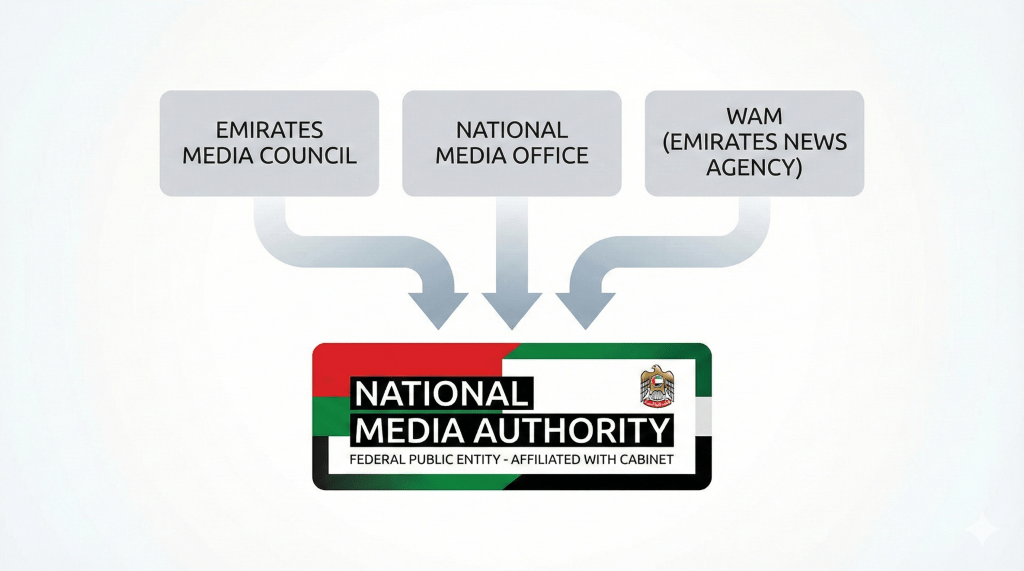 Infographic displaying seven key responsibilities of UAE National Media Authority including licensing, content standards, and professional accreditation