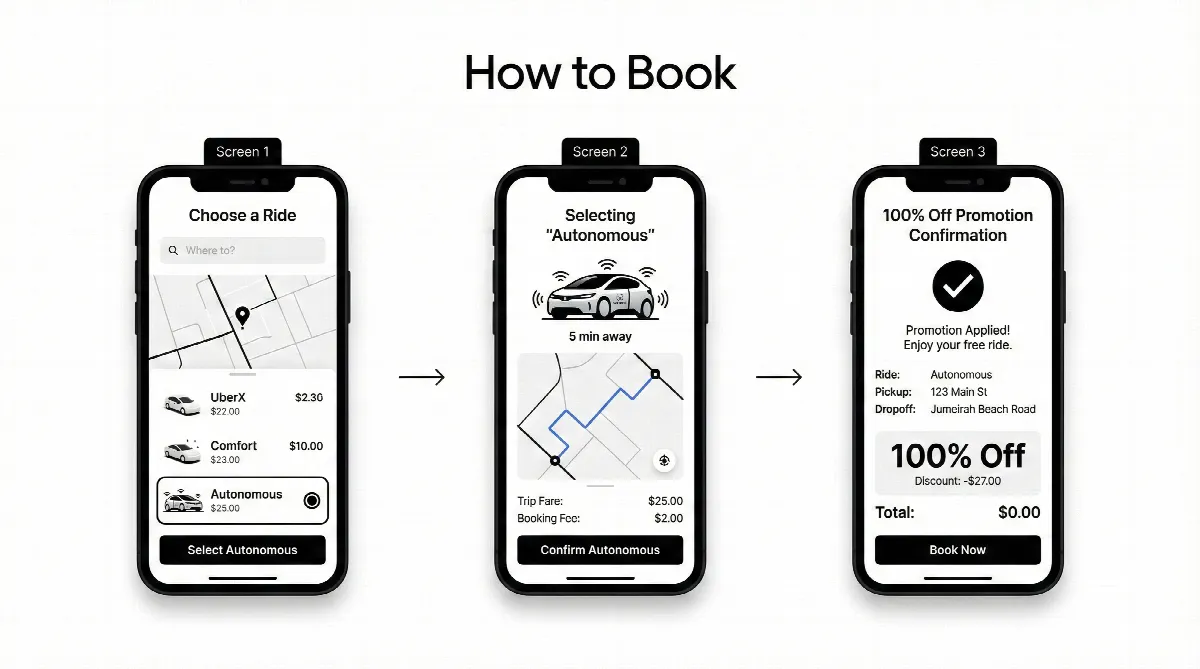 Infographic showing the three steps to book a free driverless taxi on the Uber app in Dubai.