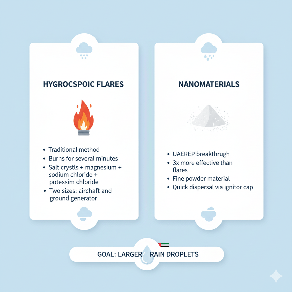 Comparison infographic showing hygroscopic flares versus nanomaterials for UAE cloud seeding operations