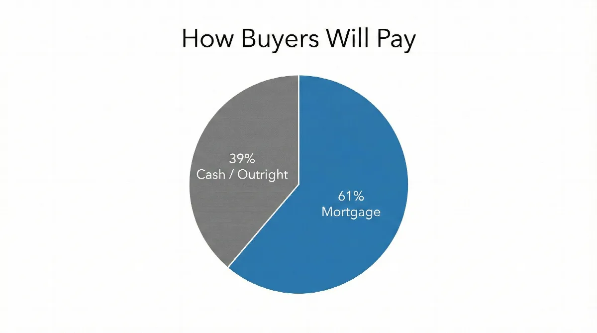 Pie chart illustrating that 61% of prospective Dubai homebuyers plan to use a mortgage.
