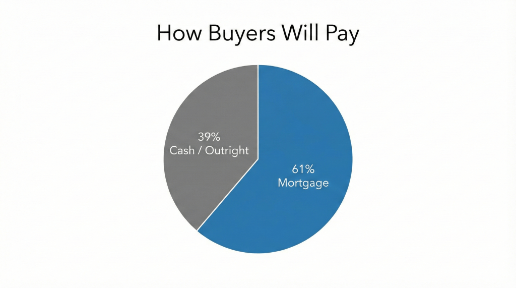 Pie chart illustrating that 61% of prospective Dubai homebuyers plan to use a mortgage.