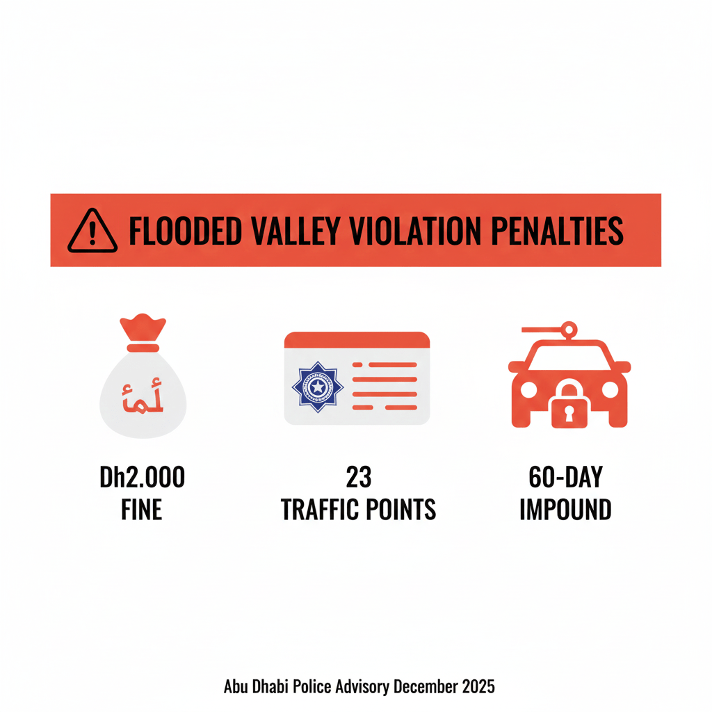 Infographic showing Abu Dhabi penalties for entering flooded valleys including Dh2,000 fine, 23 traffic points, and 60-day vehicle impoundment