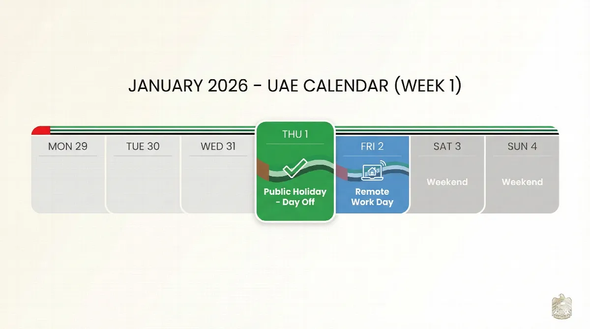 UAE New Year 2026 holiday calendar showing January 1 as public holiday and January 2 as remote work day