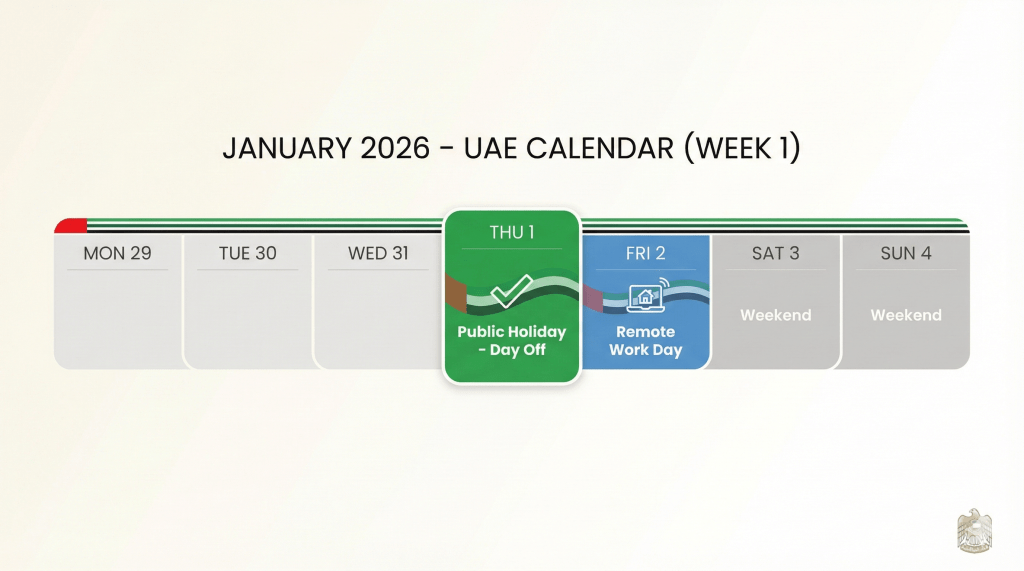 UAE New Year 2026 holiday calendar showing January 1 as public holiday and January 2 as remote work day