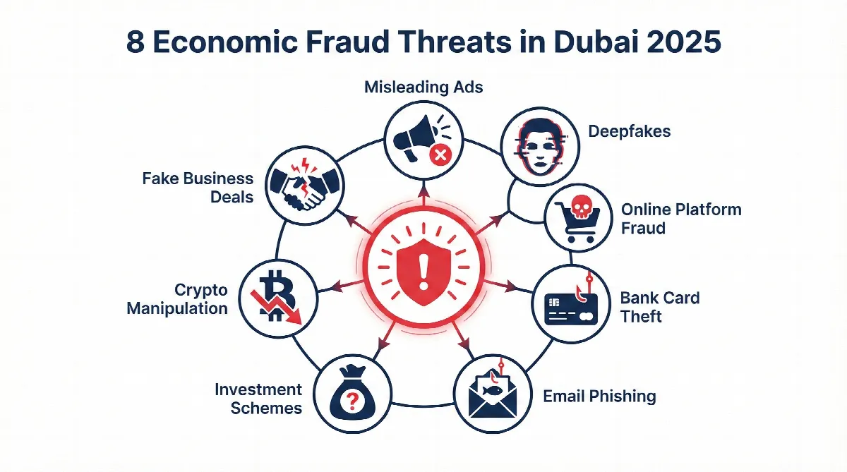 Infographic showing eight types of economic fraud targeting UAE residents