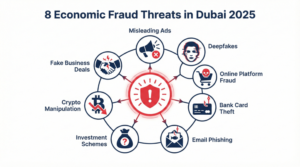 Infographic showing eight types of economic fraud targeting UAE residents