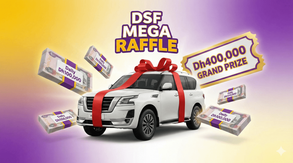 Visual representation of the DSF Mega Raffle prizes: A new Nissan car and daily cash prizes of Dh100,000.