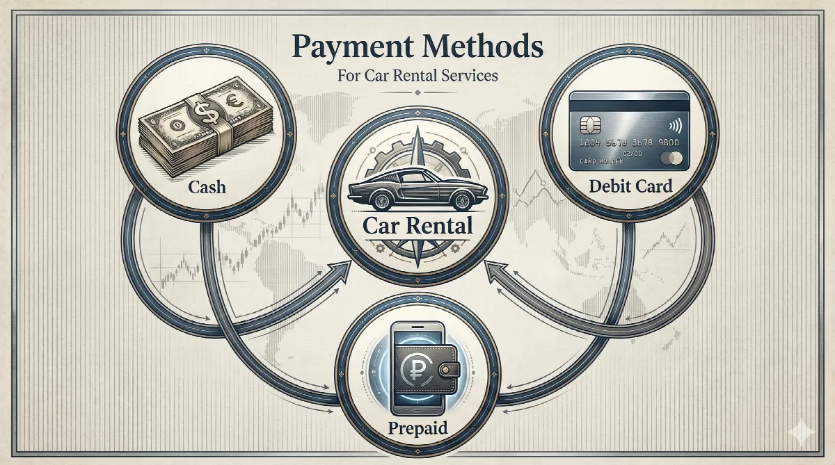 Infographic showing Cash, Debit Card, and Prepaid Card as valid payment methods for car rental in Dubai.